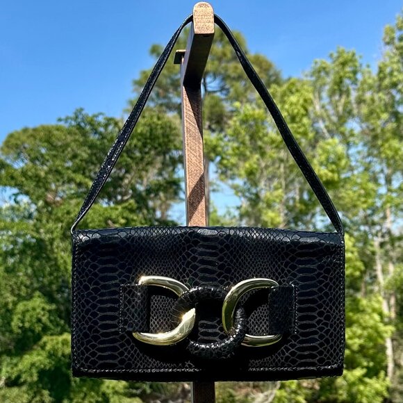 MICHAEL Michael Kors Snakeskin Leather Gold Chain Evening Bag Clutch Black EUC - Picture 11 of 16